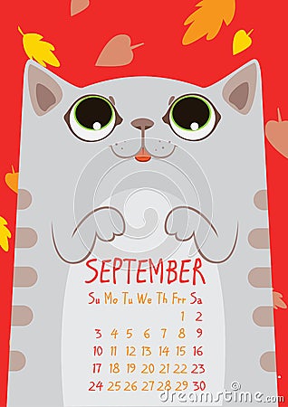 Gray striped cute cat under falling leaves. September calendar Vector Illustration