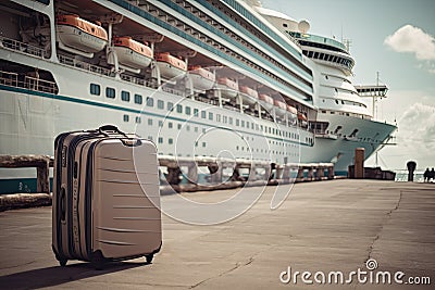 Gray suitcase with things on the background of a cruise liner Stock Photo