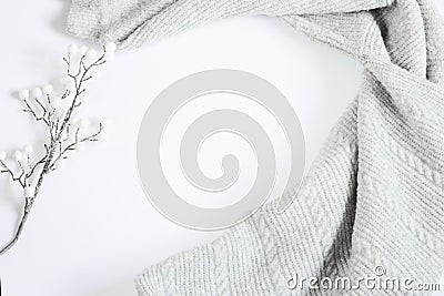 Gray sweater and white branch on a white background, space for text. Winter minimalistic flat lay Stock Photo