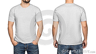 Gray t-shirt on a young man white background, front and back Stock Photo