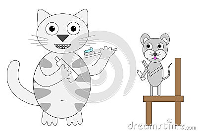 Gray tabby domestic cat teaches a mouse to brush teeth correctly, concept of oral care and hygiene Stock Photo