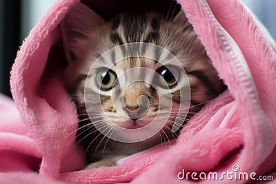 Gray tabby kitten in a pink towel after a bath Stock Photo