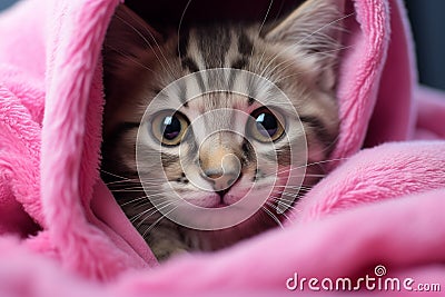 Gray tabby kitten in a pink towel after a bath Stock Photo