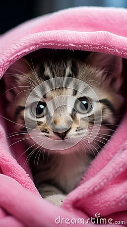 Gray tabby kitten in a pink towel after a bath Stock Photo