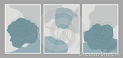 Gray Teal Modern Roses Abstract Wall Art Vector Illustration