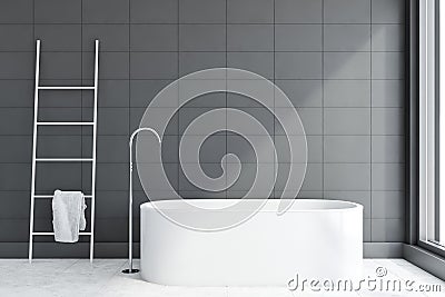 Gray tile bathroom interior with tub and ladder Stock Photo