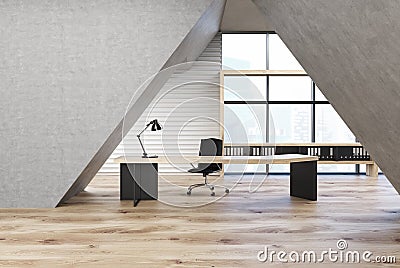 Gray triangular office, black table Stock Photo