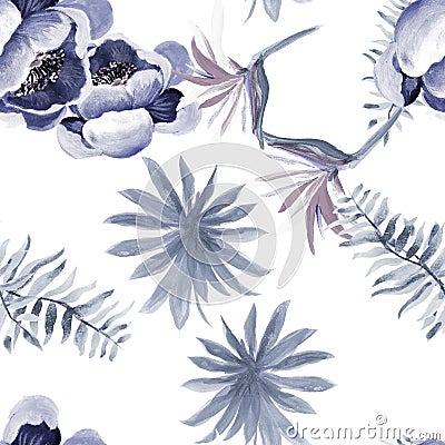 Gray Tropical Palm. White Seamless Background. Blue Pattern Illustration. Indigo Drawing Leaves. Cobalt Floral Hibiscus. Stock Photo