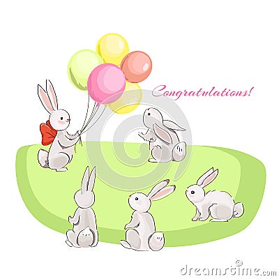 Gray vector cute hares and colored balloons Cartoon Illustration