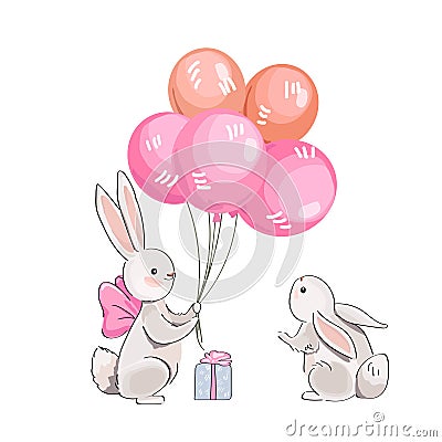 Gray vector cute hares and pink balloons Vector Illustration