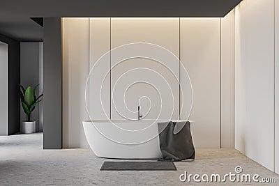 Gray and white bathroom with white tub Stock Photo