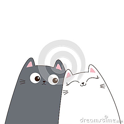 Gray white cat set. Love couple hugging kittens. Cute cartoon funny kitty character. Kawaii animal in love. Contour line doodle. Vector Illustration