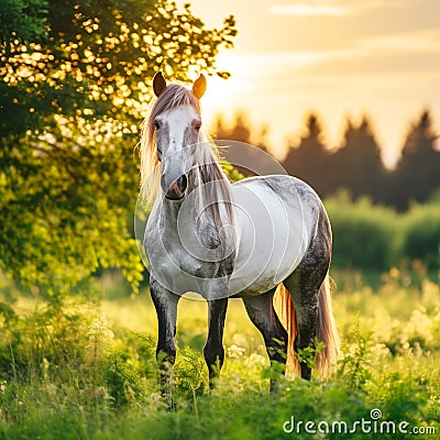 Gray and white piebald horse in the field with beautiful sunset Stock Photo