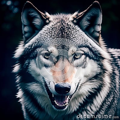 Gray wolf with agressive grin. Generative AI Stock Photo