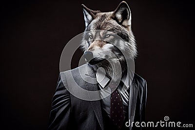 gray wolf in a business suit,successful business wolf looks to the side,Generative AI Stock Photo