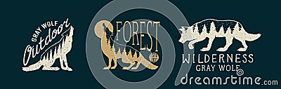 Gray wolf logo and badge. Forest and mountain and hill. Double exposure Concept. A predatory beast. Wild forest animal Vector Illustration