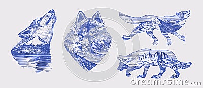 Gray wolf logo and badge. Forest and mountain and hill. Double exposure Concept. A predatory beast. Wild forest animal Vector Illustration
