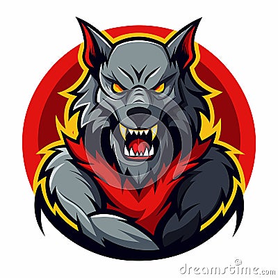 A gray wolf mascot with menacing red eyes and sharp fangs, embodying strength and ferocity, Werewolf Logo, Vector Illustration Vector Illustration