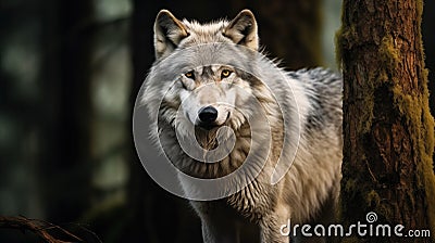 A Gray Wolfs Piercing Gaze In Its Woodland Domain Lone Wolf In A Gray Coat Of Fur Stock Photo
