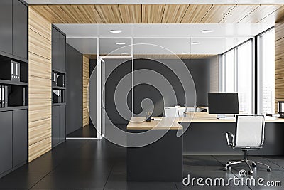 Gray and wood manager office with bookcase Stock Photo