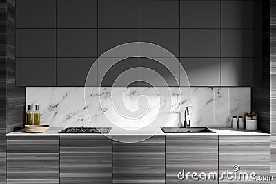 Gray and wooden kitchen with cupboards, close up Stock Photo