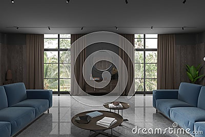 Gray and wooden living room with two couches and dresser Stock Photo