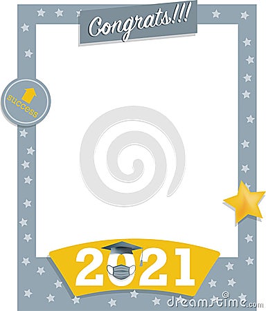 Gray and yellow photo frame poster with stars of graduation celebration with cap and gown for photoboth Vector Illustration