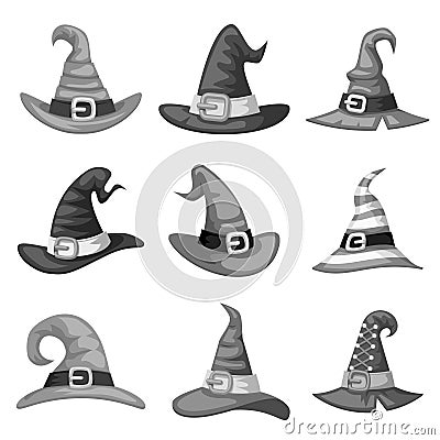 Grayscale blank cartoon witch hat halloween party costume icons set tamplate edit vector illustration Vector Illustration
