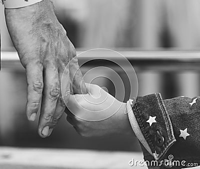 Grayscale closeup of daughter holding father`s hand Stock Photo