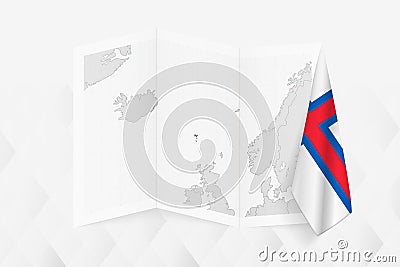 A grayscale map of Faroe Islands with a hanging Faroe Islands flag on one side. Vector map for many types of news Vector Illustration