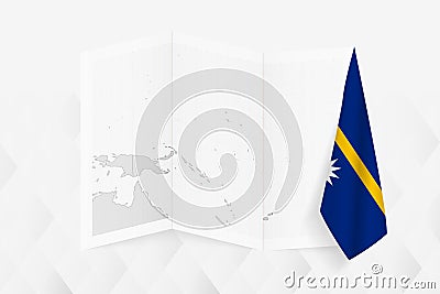 A grayscale map of Nauru with a hanging Nauruan flag on one side. Vector map for many types of news Vector Illustration
