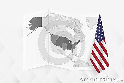 A grayscale map of USA with a hanging American flag on one side. Vector map for many types of news Vector Illustration
