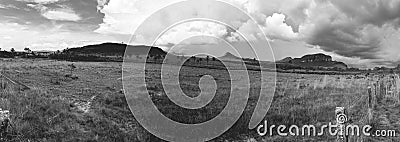 Grayscale panoramic shot of a field with a background of hills Stock Photo