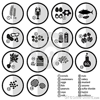 Grayscale set of typical food alergens for restaurants Vector Illustration