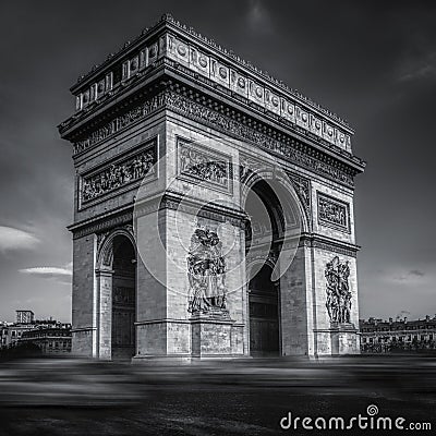 Grayscale shot of the Arc de Triomphe in Paris taken from the side and nobody walking around Stock Photo
