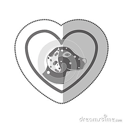 Grayscale silhouette middle shadow sticker with dalmatian dog inside of heart Vector Illustration