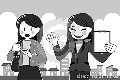 Grayscale version of a female salesperson trying to solicit Vector Illustration