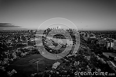 Grayscale view of Lake Albert Park and the skyline of Melbourne, Australia Editorial Stock Photo