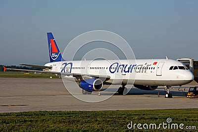 Onur Air Airbus A321 parked at Graz airport Editorial Stock Photo