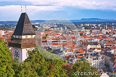 GRAZ, AUSTRIA - July 12th, 2019: Aerial view to the city of Graz with Clock tower, the symbol og the city, and the Town hall below Editorial Stock Photo