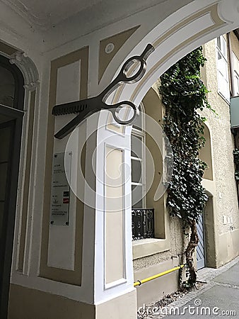 Giant silver scissor artwork in the city centre of Graz, Austria. Editorial Stock Photo