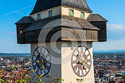 Graz, Austria. The Schlossberg - Castle Hill with the clock tower Uhrturm Stock Photo