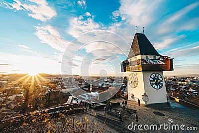 Graz clock tower and city symbol on top of Schlossberg hill at s Editorial Stock Photo