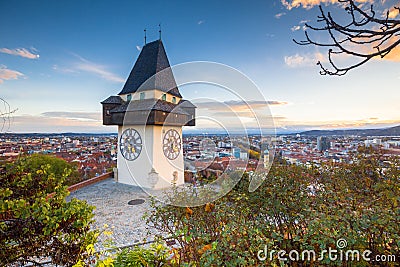 Graz clock tower at sunset, Graz, Styria, Austria Stock Photo
