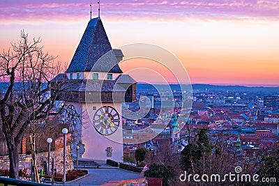 Graz landmark and cityscape dusk view from Schlossberg Stock Photo