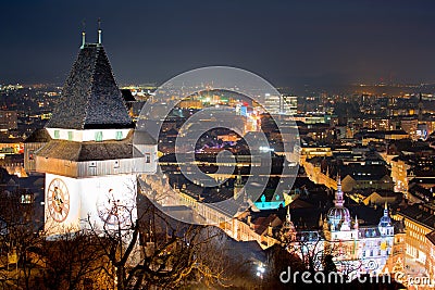 Graz landmark and cityscape evening view from Schlossberg Stock Photo