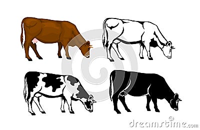 Grazing cow in brown color, silhouette, contour and patched silhouette Vector Illustration