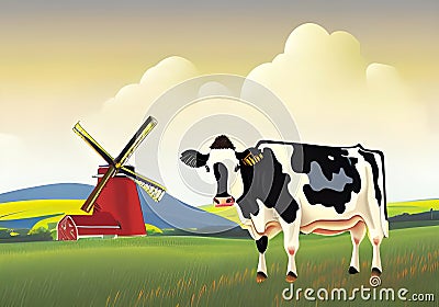 Colorful Illustration of Grazing Cow, Windmill and Blue Sky on Lush Farmland Stock Photo