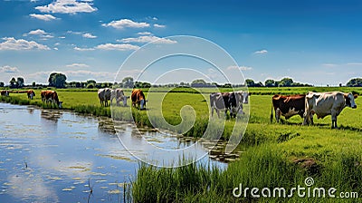 grazing cows field Cartoon Illustration
