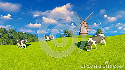 Grazing dairy cows and windmill Cartoon Illustration